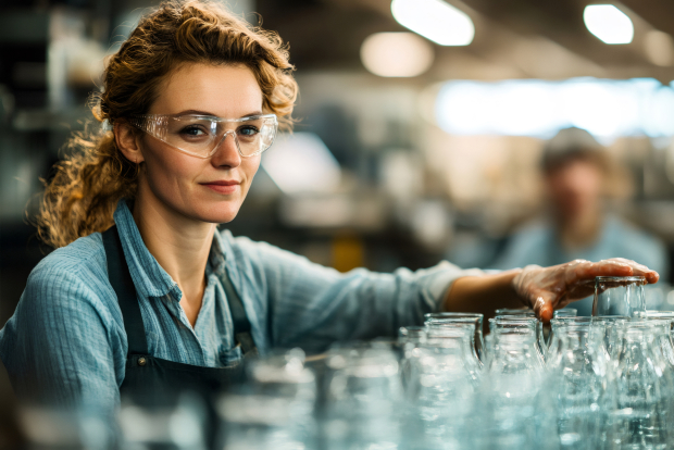 Female glass factory worker checking quality of glass bottles on production line Glass factory worker wearing safety glasses checking glass bottles on production line
