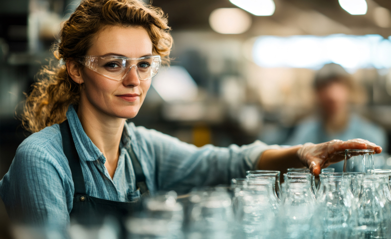 Female glass factory worker checking quality of glass bottles on production line Glass factory worker wearing safety glasses checking glass bottles on production line